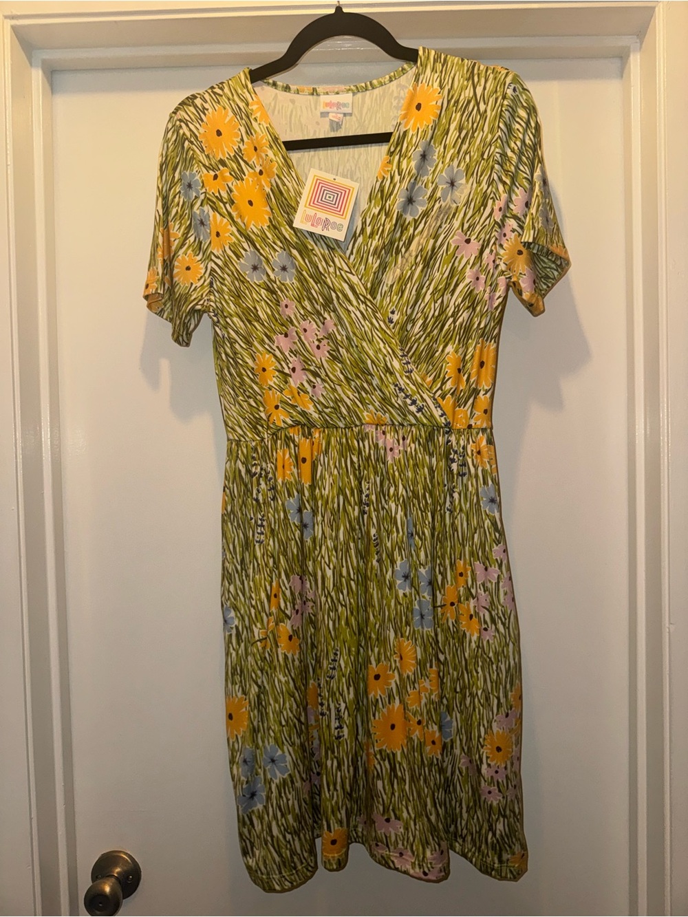 LuLaRoe Chantale Green Floral Cross Front Dress with Yellow, Blue & Pink Blooms